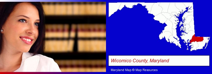 a young, female attorney in a law library; Wicomico County, Maryland highlighted in red on a map