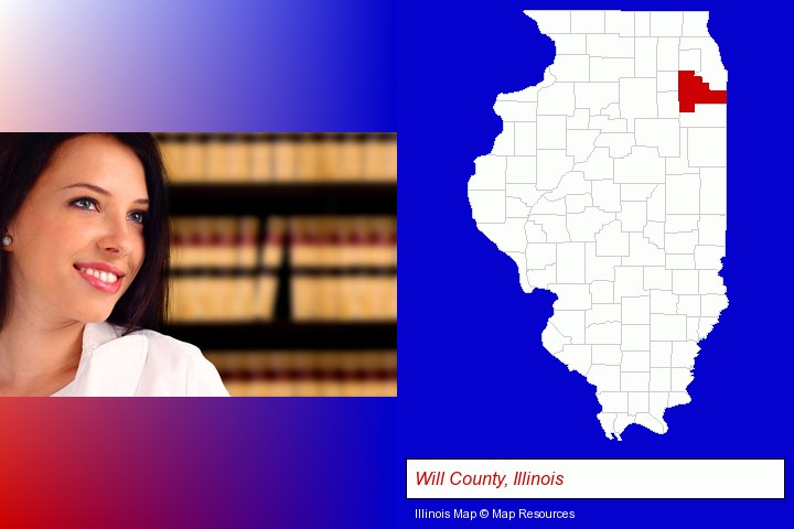 a young, female attorney in a law library; Will County, Illinois highlighted in red on a map