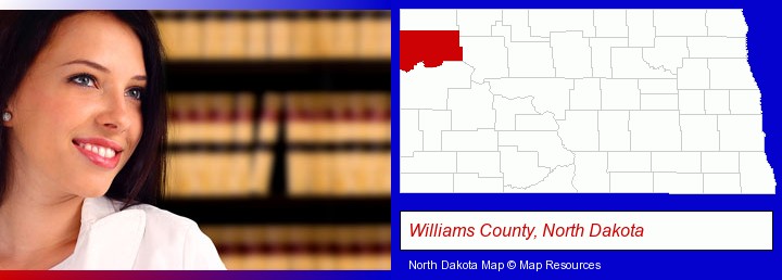 a young, female attorney in a law library; Williams County, North Dakota highlighted in red on a map