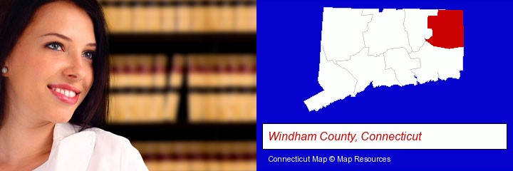 a young, female attorney in a law library; Windham County, Connecticut highlighted in red on a map