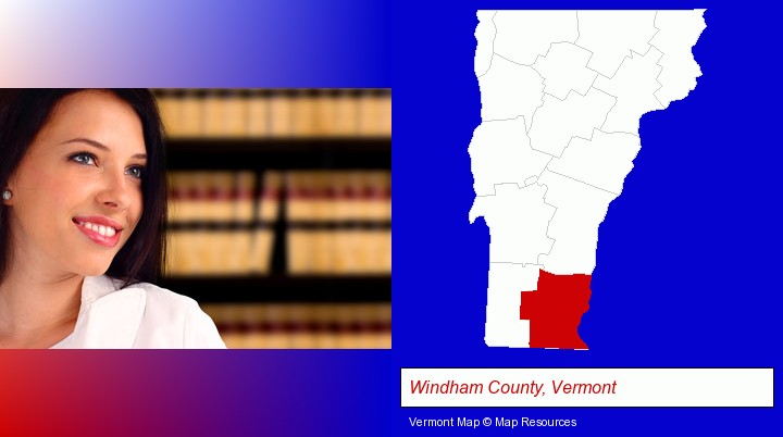 a young, female attorney in a law library; Windham County, Vermont highlighted in red on a map
