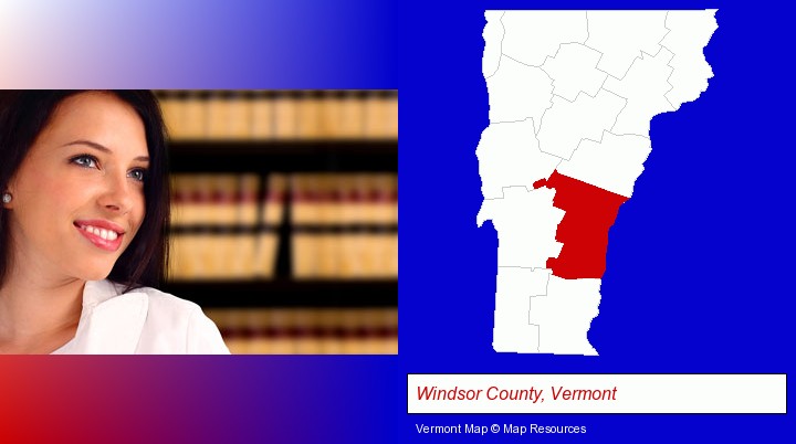 a young, female attorney in a law library; Windsor County, Vermont highlighted in red on a map