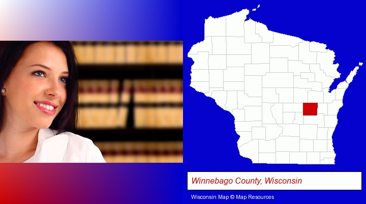 a young, female attorney in a law library; Winnebago County, Wisconsin highlighted in red on a map