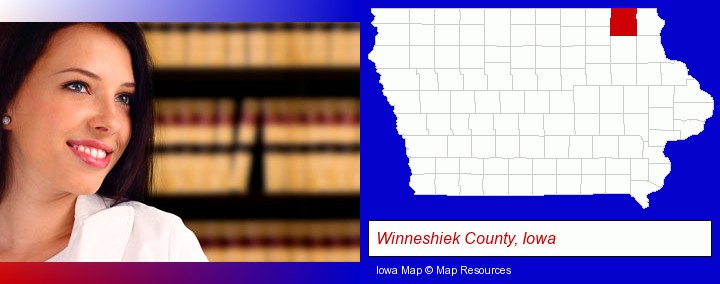 a young, female attorney in a law library; Winneshiek County, Iowa highlighted in red on a map