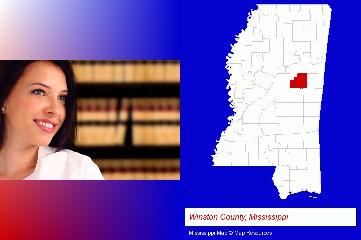 a young, female attorney in a law library; Winston County, Mississippi highlighted in red on a map