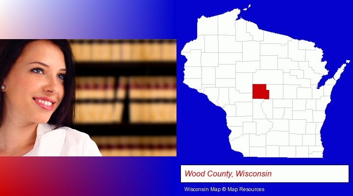 a young, female attorney in a law library; Wood County, Wisconsin highlighted in red on a map