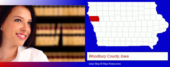 a young, female attorney in a law library; Woodbury County, Iowa highlighted in red on a map