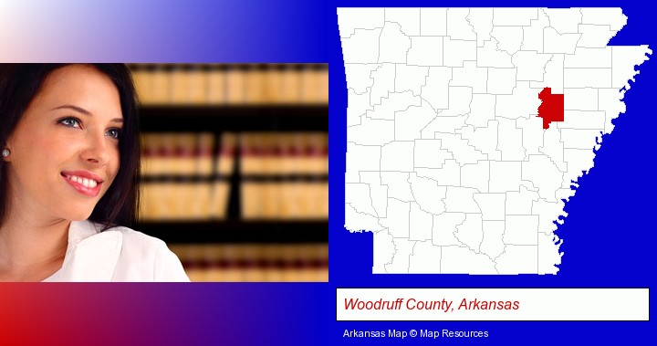 a young, female attorney in a law library; Woodruff County, Arkansas highlighted in red on a map