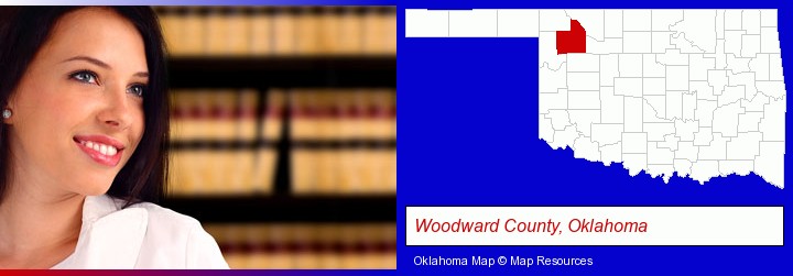 a young, female attorney in a law library; Woodward County, Oklahoma highlighted in red on a map