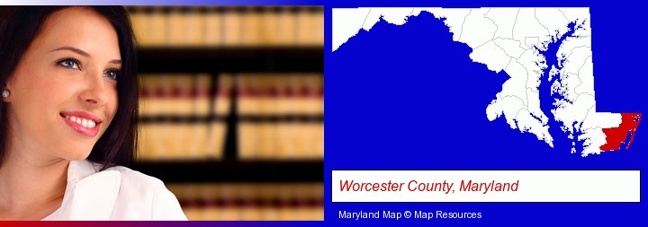 a young, female attorney in a law library; Worcester County, Maryland highlighted in red on a map