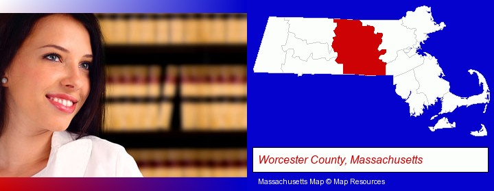a young, female attorney in a law library; Worcester County, Massachusetts highlighted in red on a map