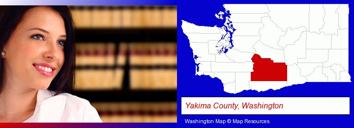 a young, female attorney in a law library; Yakima County, Washington highlighted in red on a map