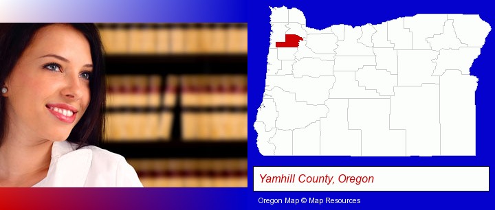 a young, female attorney in a law library; Yamhill County, Oregon highlighted in red on a map