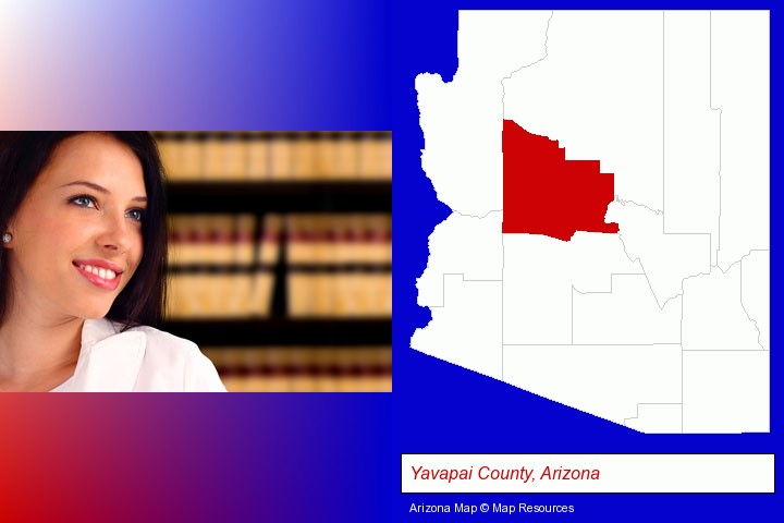 a young, female attorney in a law library; Yavapai County, Arizona highlighted in red on a map