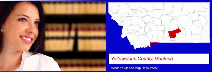 a young, female attorney in a law library; Yellowstone County, Montana highlighted in red on a map