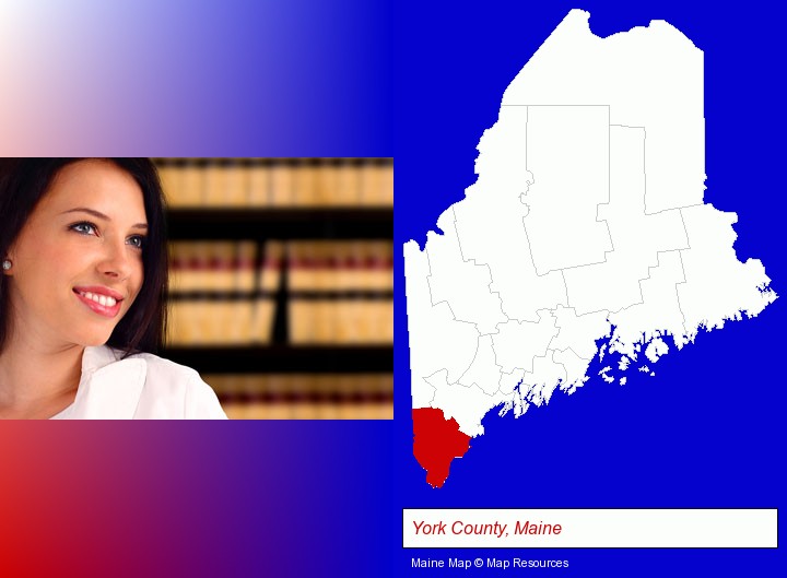 a young, female attorney in a law library; York County, Maine highlighted in red on a map