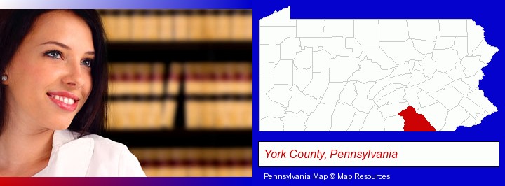 a young, female attorney in a law library; York County, Pennsylvania highlighted in red on a map