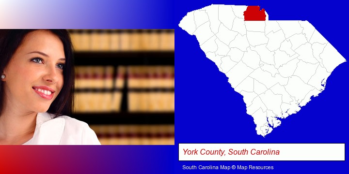 a young, female attorney in a law library; York County, South Carolina highlighted in red on a map