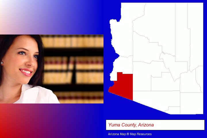 a young, female attorney in a law library; Yuma County, Arizona highlighted in red on a map
