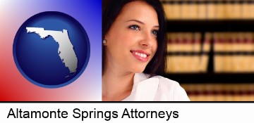 a young, female attorney in a law library in Altamonte Springs, FL