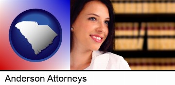 a young, female attorney in a law library in Anderson, SC