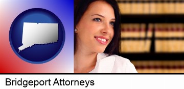 a young, female attorney in a law library in Bridgeport, CT