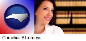 a young, female attorney in a law library in Cornelius, NC