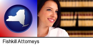 a young, female attorney in a law library in Fishkill, NY