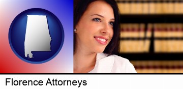 a young, female attorney in a law library in Florence, AL