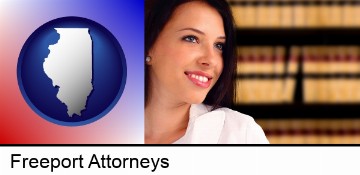 a young, female attorney in a law library in Freeport, IL