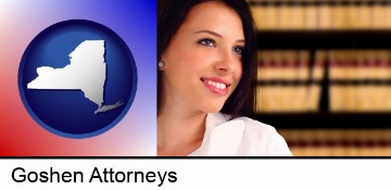 a young, female attorney in a law library in Goshen, NY
