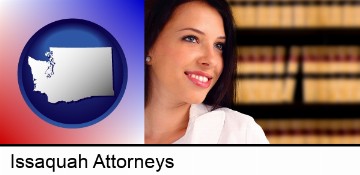 a young, female attorney in a law library in Issaquah, WA