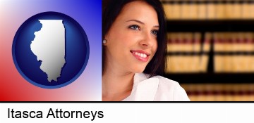 a young, female attorney in a law library in Itasca, IL