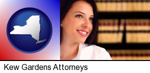 a young, female attorney in a law library in Kew Gardens, NY