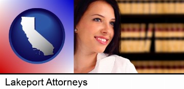 a young, female attorney in a law library in Lakeport, CA