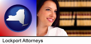 a young, female attorney in a law library in Lockport, NY