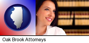 Oak Brook, Illinois - a young, female attorney in a law library