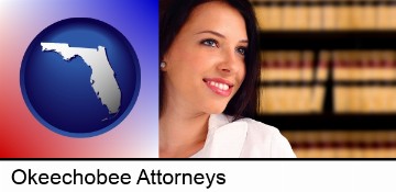 a young, female attorney in a law library in Okeechobee, FL