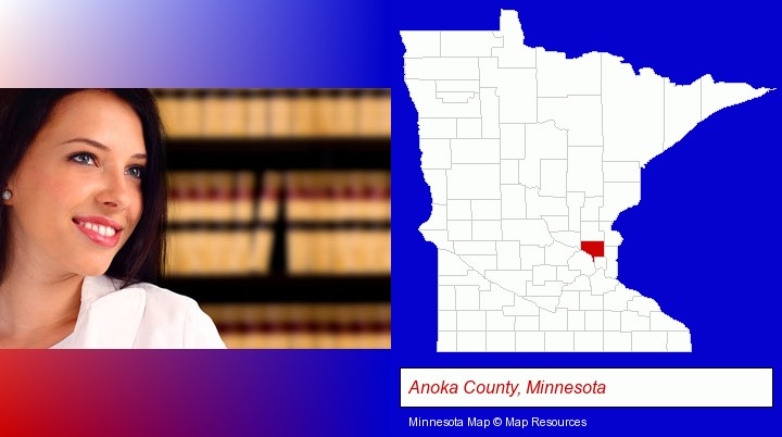 a young, female attorney in a law library; Anoka County, Minnesota highlighted in red on a map