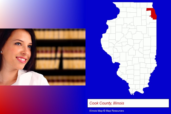 a young, female attorney in a law library; Cook County, Illinois highlighted in red on a map