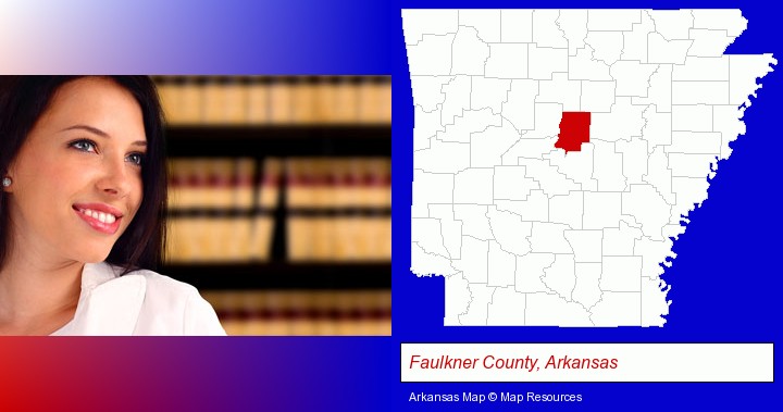 a young, female attorney in a law library; Faulkner County, Arkansas highlighted in red on a map