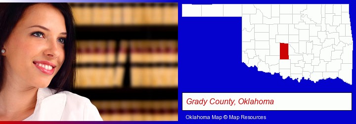 a young, female attorney in a law library; Grady County, Oklahoma highlighted in red on a map