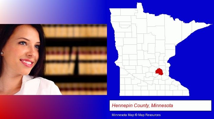 a young, female attorney in a law library; Hennepin County, Minnesota highlighted in red on a map