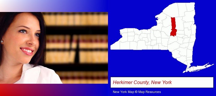 a young, female attorney in a law library; Herkimer County, New York highlighted in red on a map