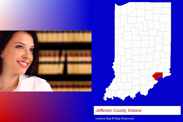 a young, female attorney in a law library; Jefferson County, Indiana highlighted in red on a map