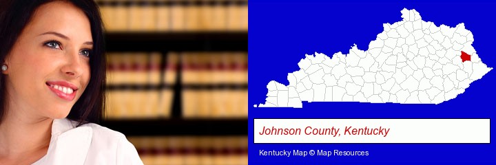 a young, female attorney in a law library; Johnson County, Kentucky highlighted in red on a map
