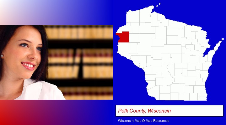 a young, female attorney in a law library; Polk County, Wisconsin highlighted in red on a map