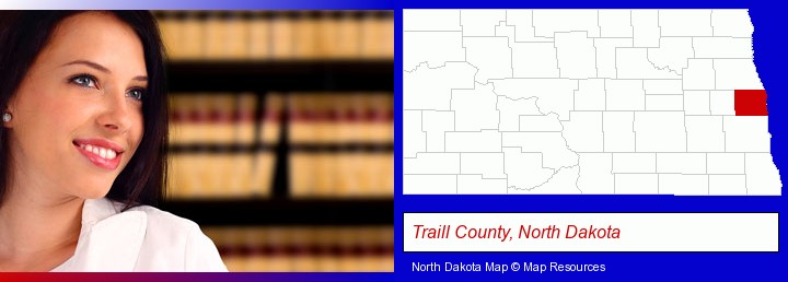 a young, female attorney in a law library; Traill County, North Dakota highlighted in red on a map